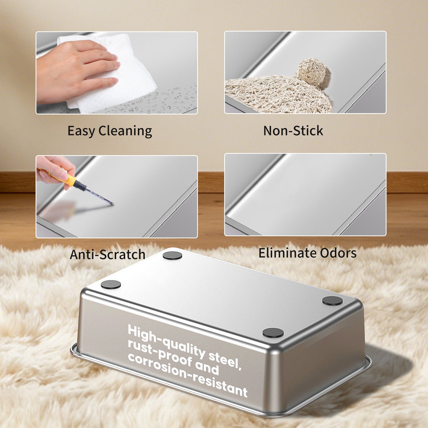 Dual Entry Stainless Steel Cat Litter Box with Scoop & Pedal — view 6