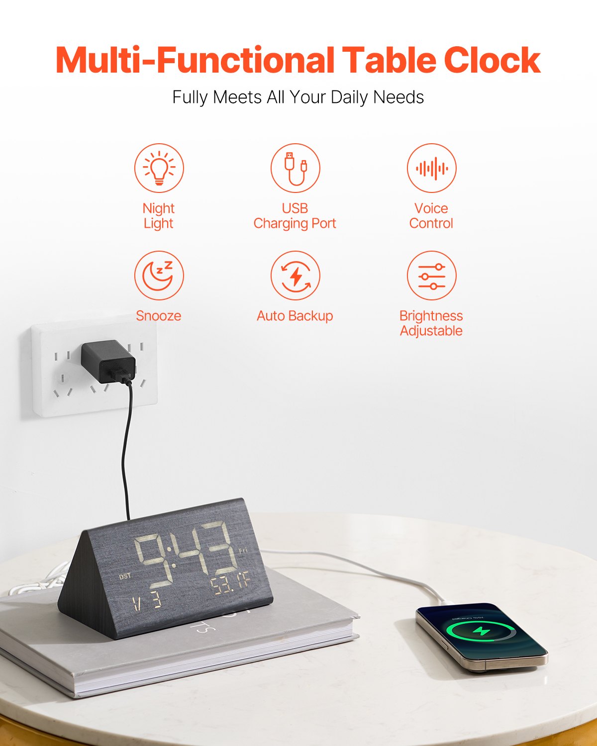 Wooden Digital Alarm Clock with Dual Alarm, Night Light, USB Charger & Adjustable Volume - Black — view 2