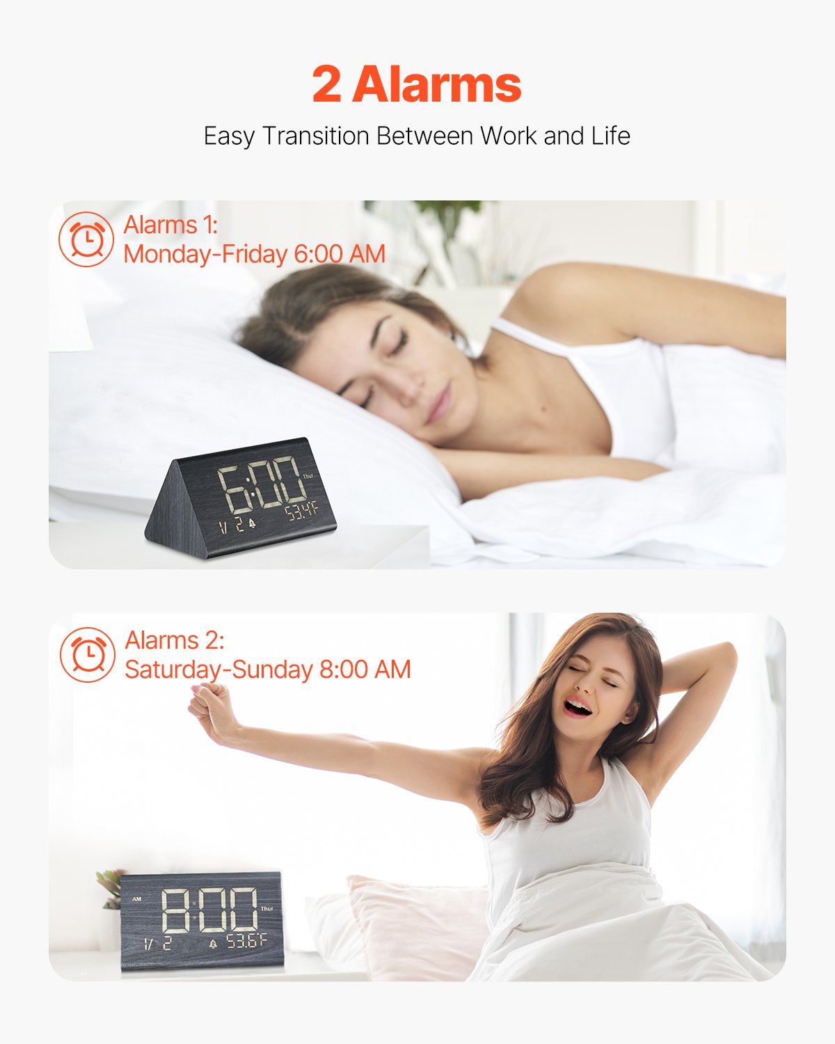 Wooden Digital Alarm Clock with Dual Alarm, Night Light, USB Charger & Adjustable Volume - Black — view 5