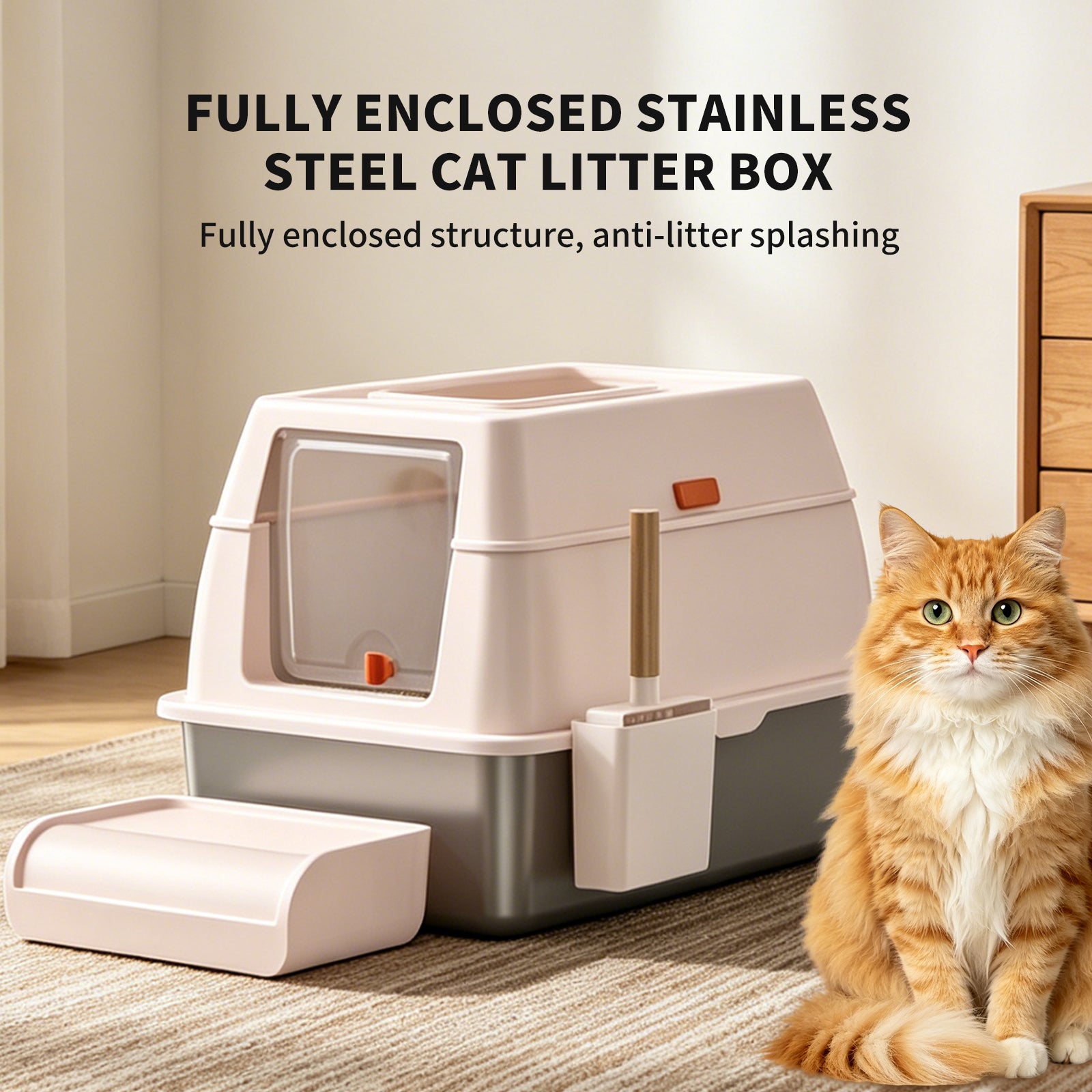 Dual Entry Stainless Steel Cat Litter Box with Scoop & Pedal — view 5
