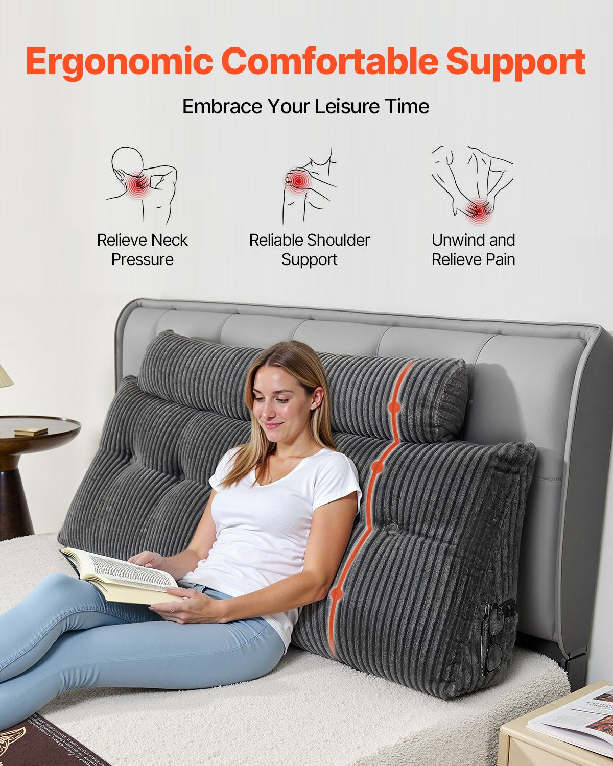 Queen Size Wedge Headboard Pillow with Storage Pockets and Detachable Headrests - Grey Velvet