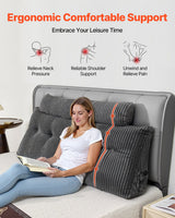 Queen Size Wedge Headboard Pillow with Storage Pockets and Detachable Headrests - Grey Velvet
