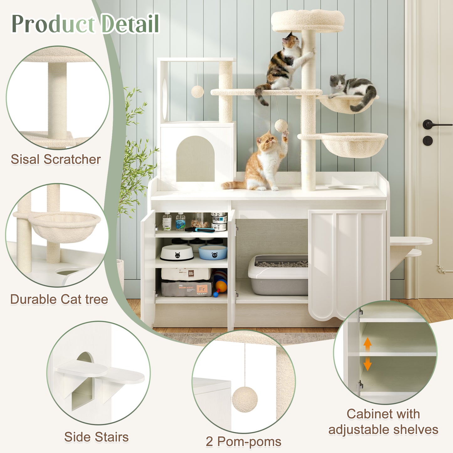 50.6" White Cat Tree with Litter Box Enclosure, Storage Cabinet, Hammocks and Perch — view 5