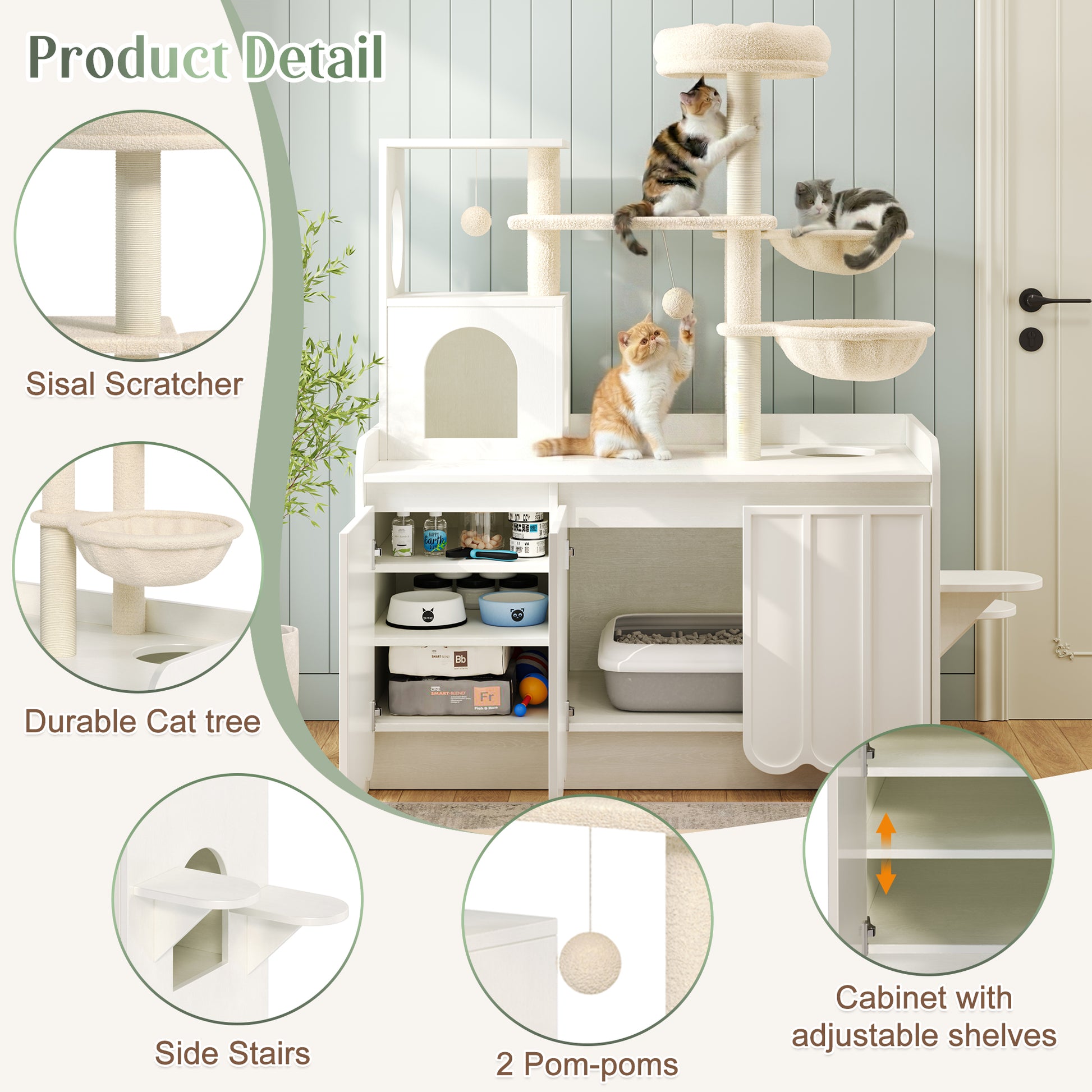 50.6" White Cat Tree with Litter Box Enclosure, Storage Cabinet, Hammocks and Perch — view 5