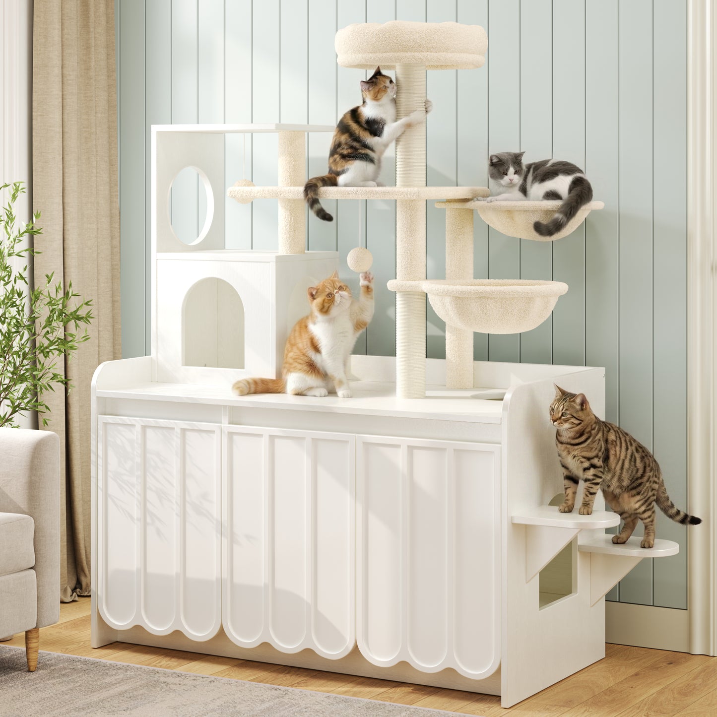 50.6" White Cat Tree with Litter Box Enclosure, Storage Cabinet, Hammocks and Perch — view 2