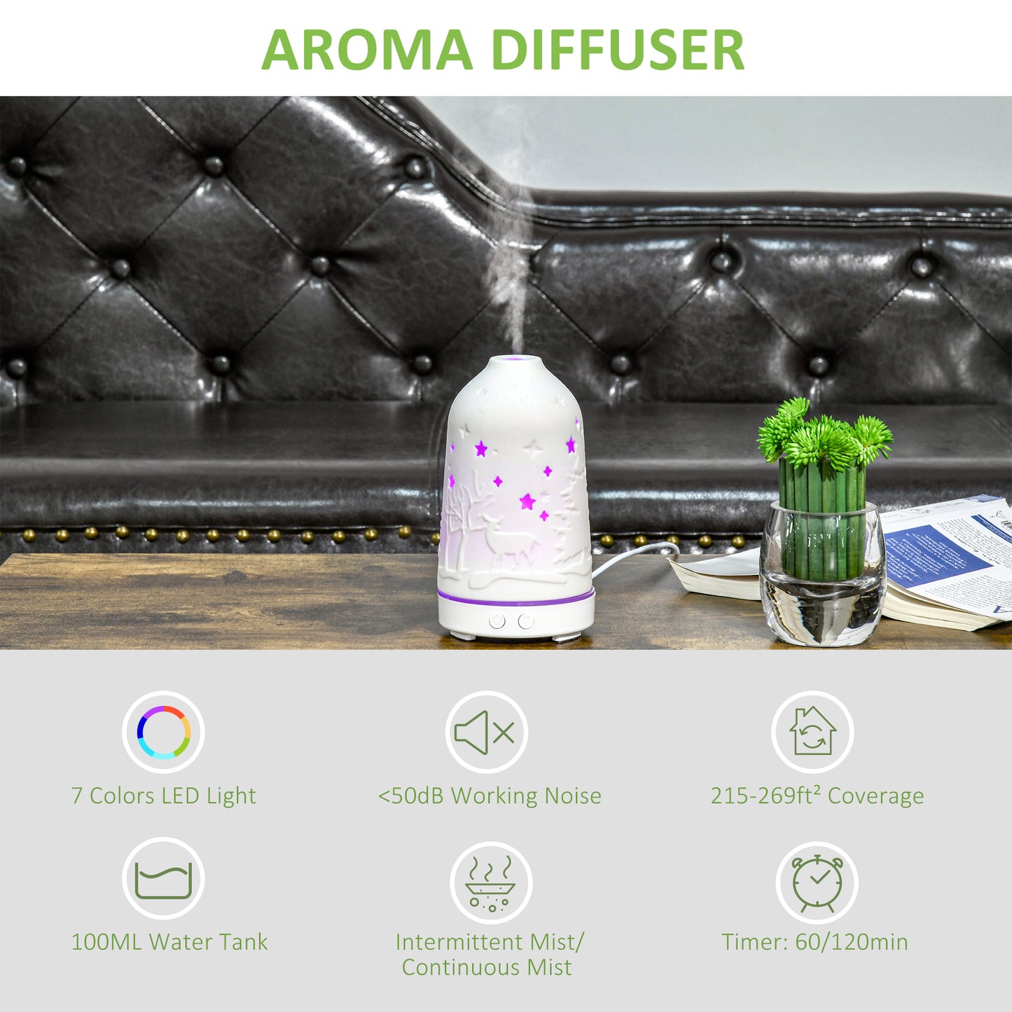 Ceramic Ultrasonic Aromatherapy Diffuser with 7-Color LED Lights and Timer — view 6