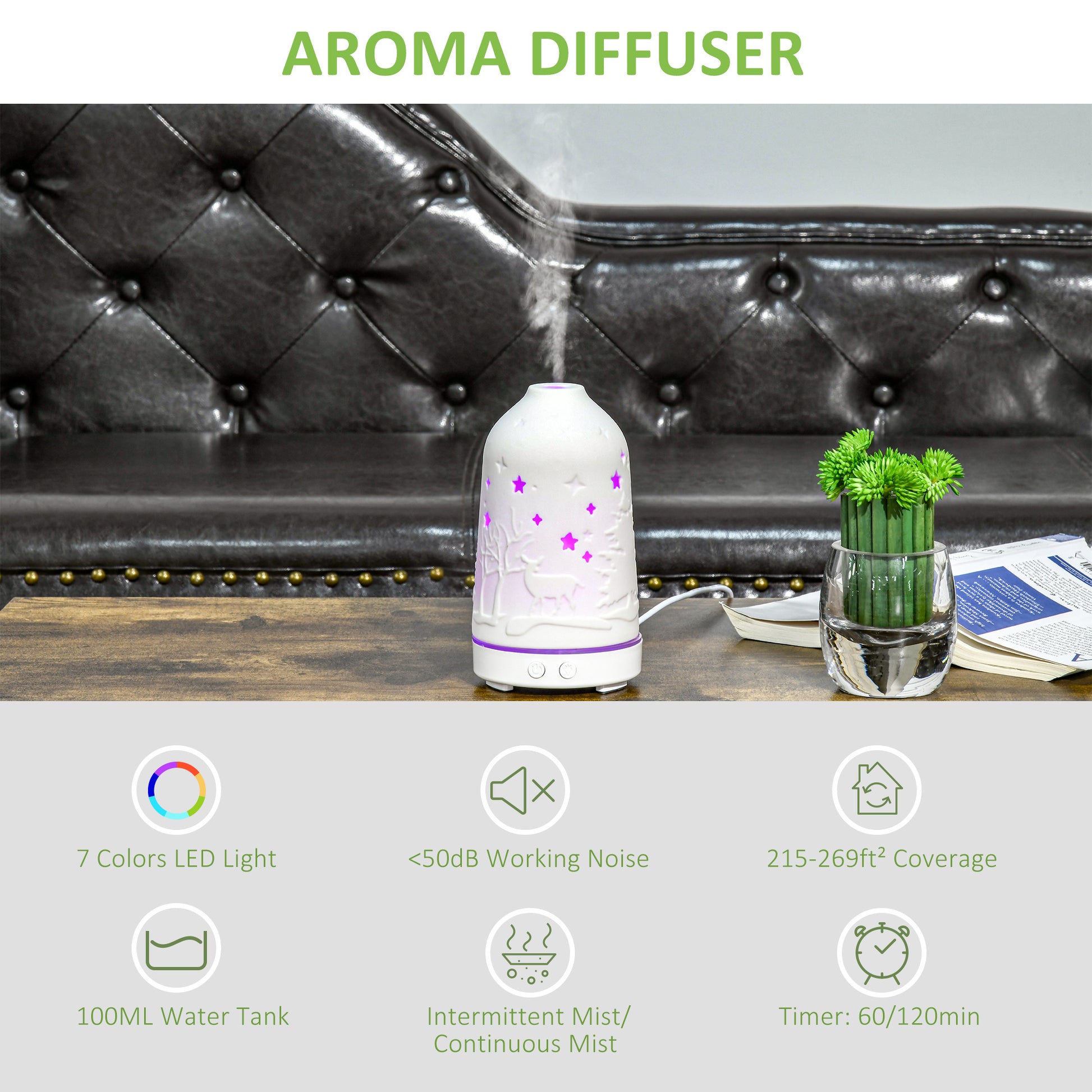 Ceramic Ultrasonic Aromatherapy Diffuser with 7-Color LED Lights and Timer — view 6