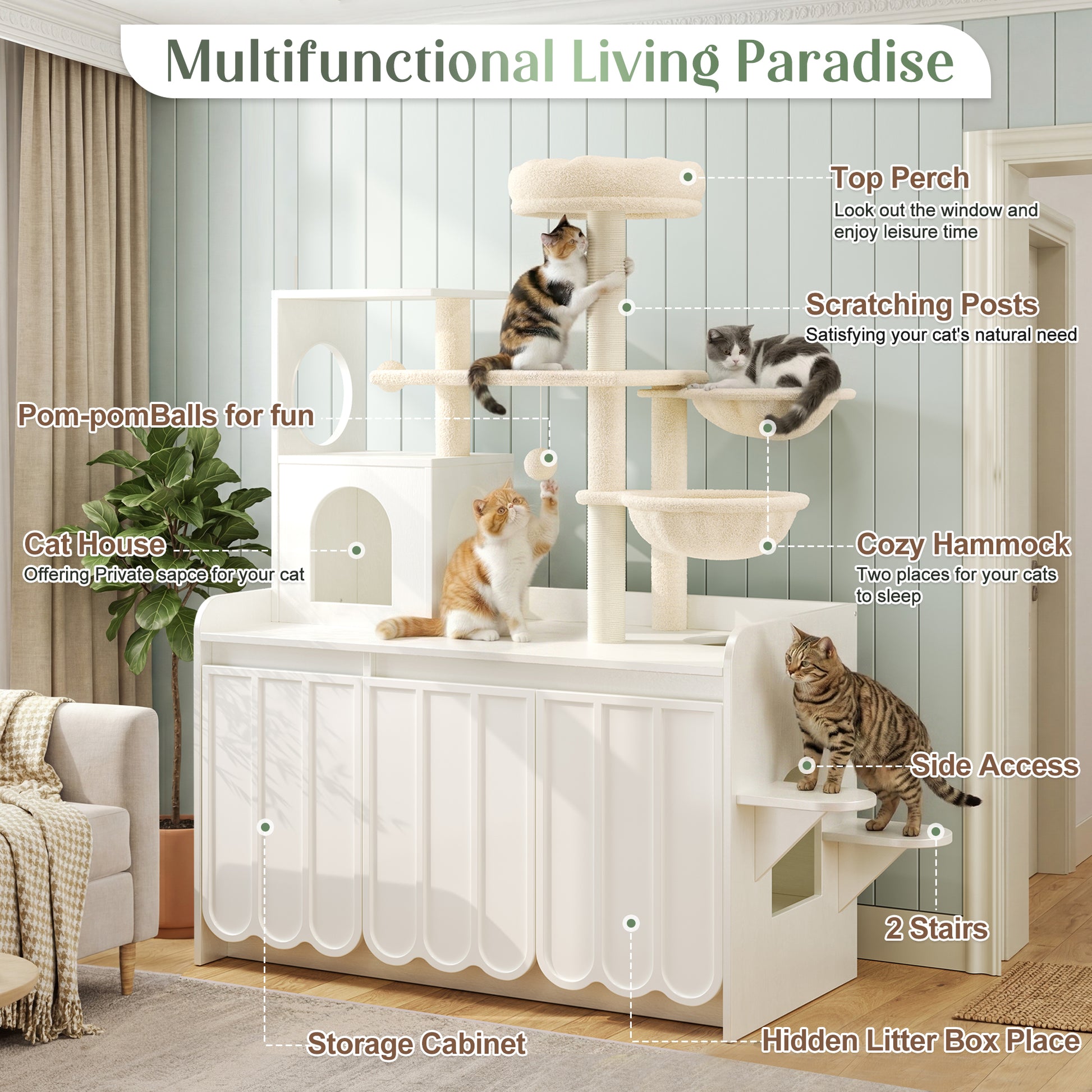 50.6" White Cat Tree with Litter Box Enclosure, Storage Cabinet, Hammocks and Perch — view 3