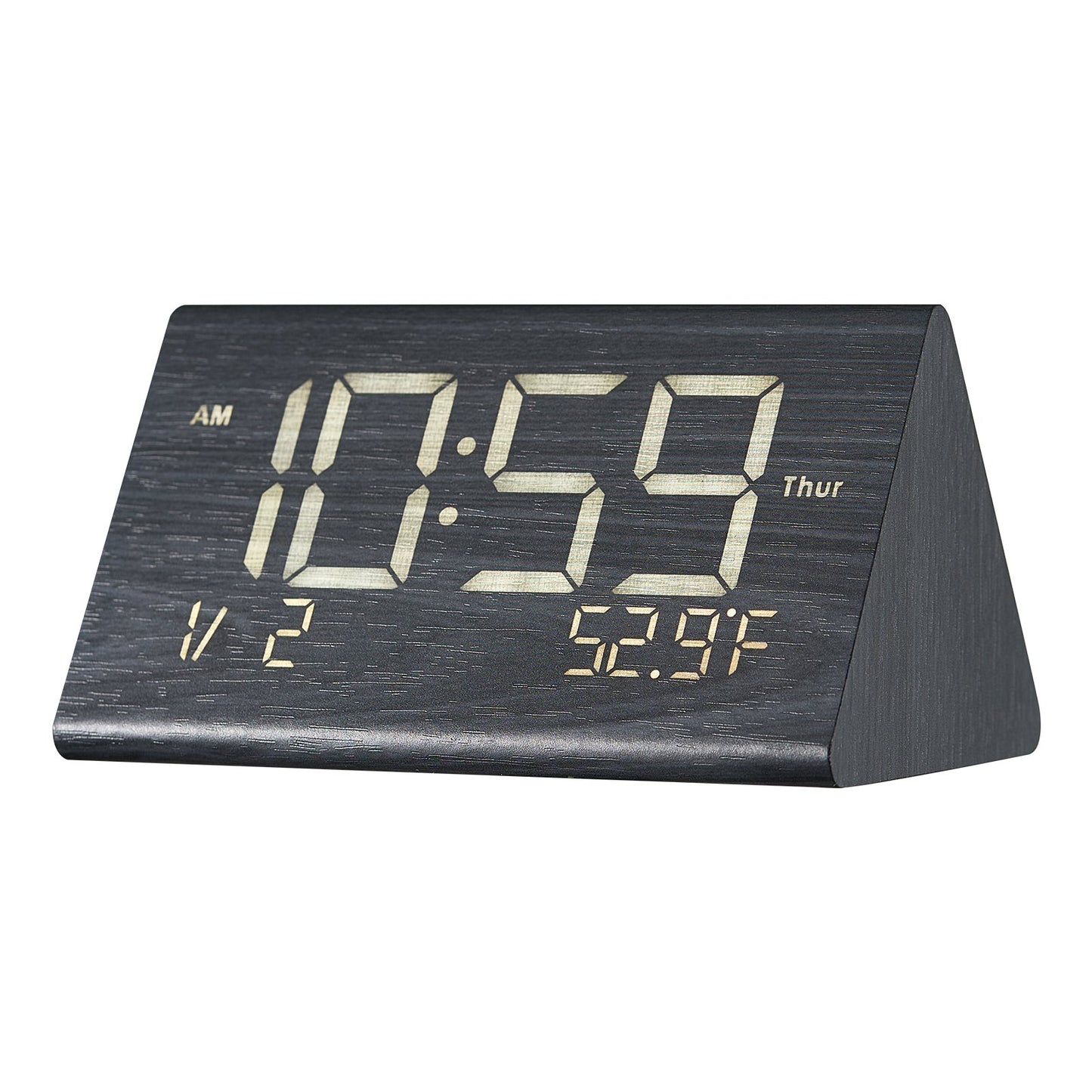 Wooden Digital Alarm Clock with Dual Alarm, Night Light, USB Charger & Adjustable Volume - Black — view 3