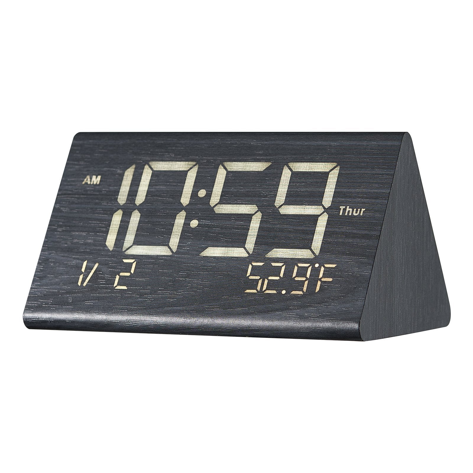 Wooden Digital Alarm Clock with Dual Alarm, Night Light, USB Charger & Adjustable Volume - Black — view 3