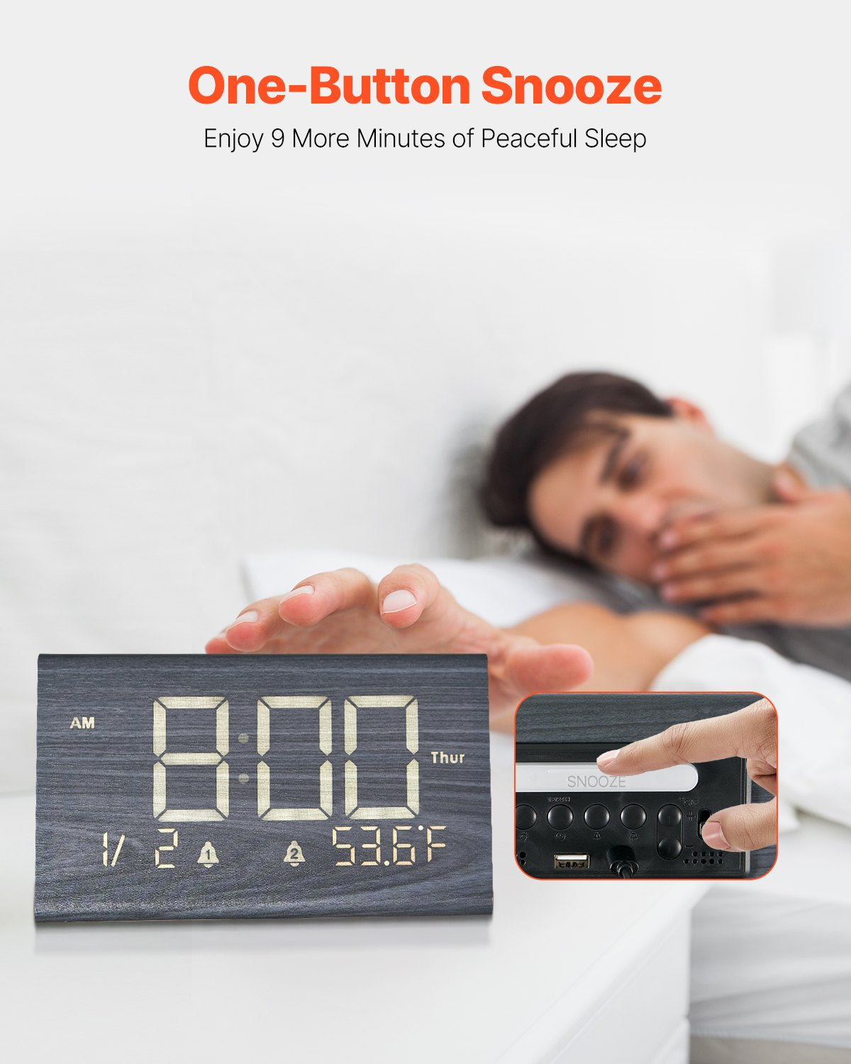 Wooden Digital Alarm Clock with Dual Alarm, Night Light, USB Charger & Adjustable Volume - Black