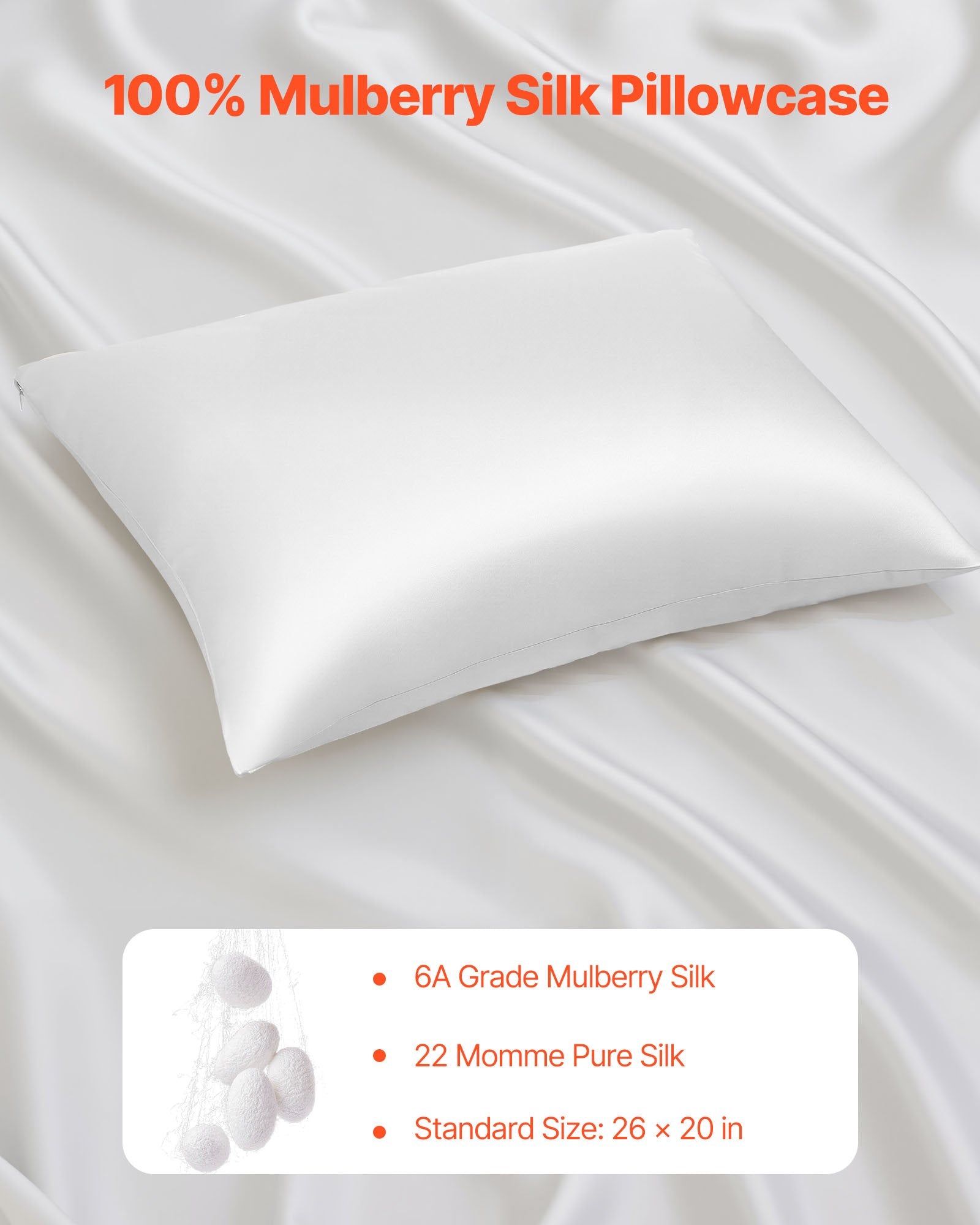 Pure Mulberry Silk Pillowcase - Standard Size 26 x 20 In