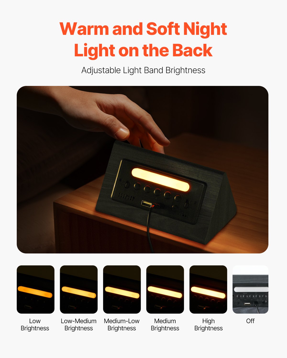 Wooden Digital Alarm Clock with Dual Alarm, Night Light, USB Charger & Adjustable Volume - Black — view 4