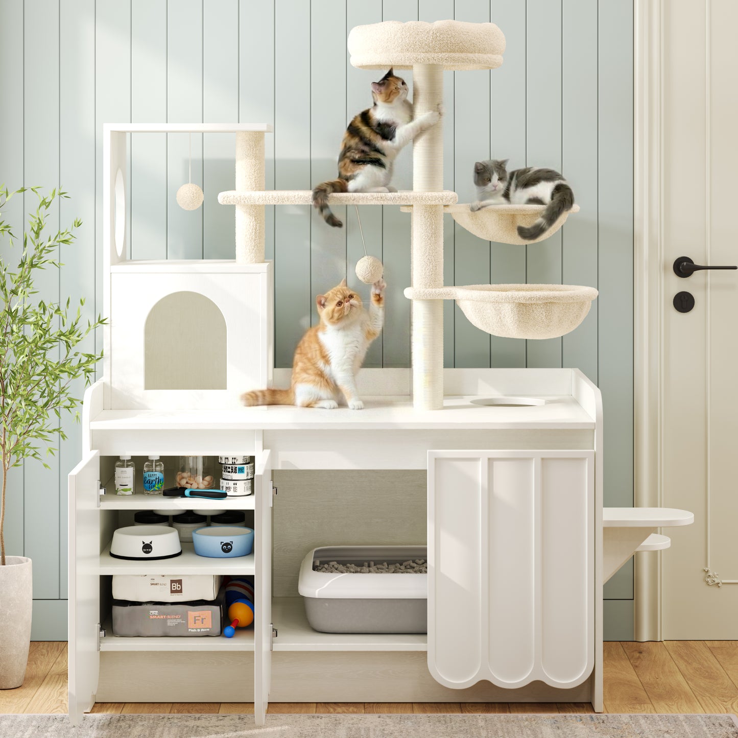 50.6" White Cat Tree with Litter Box Enclosure, Storage Cabinet, Hammocks and Perch — view 4