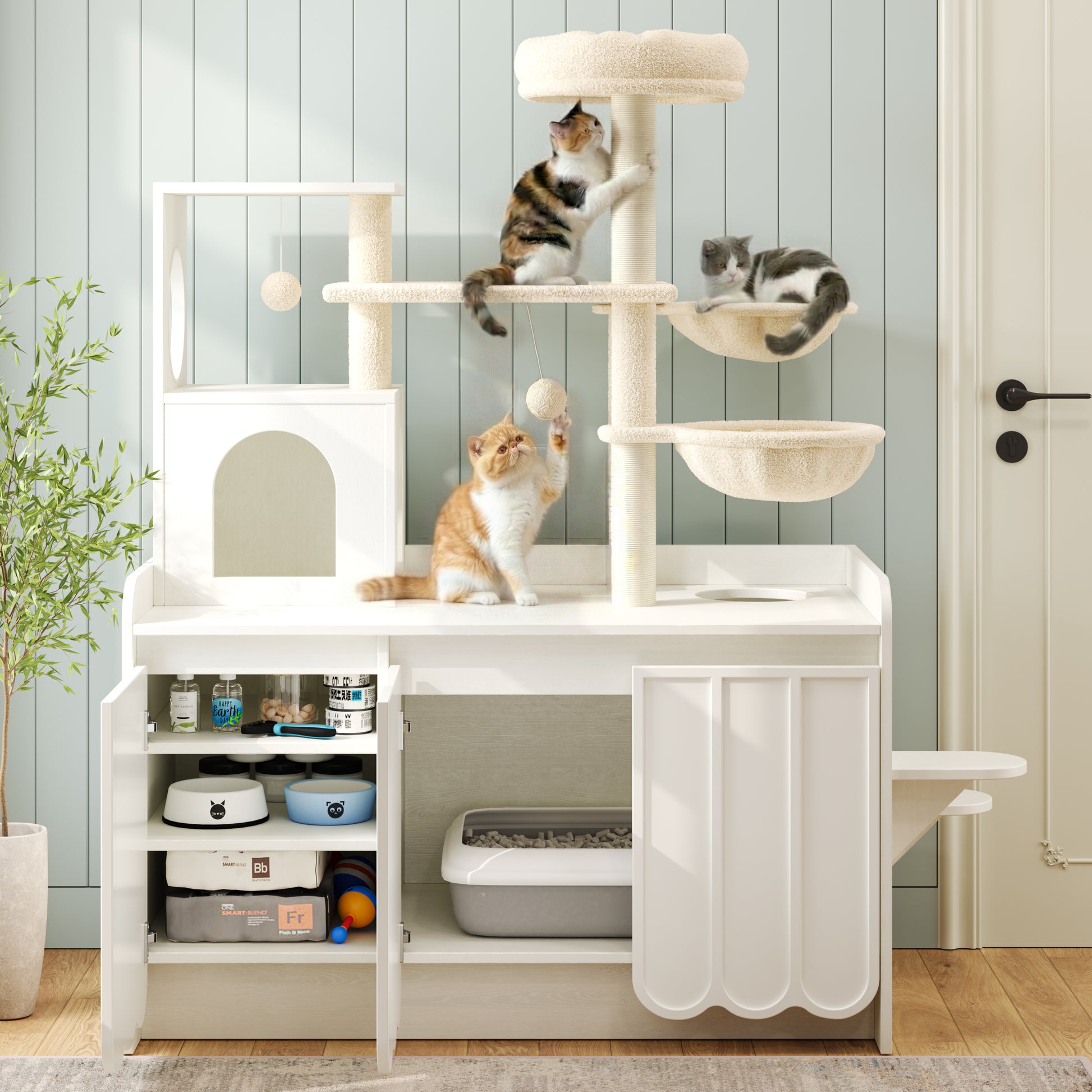 50.6" White Cat Tree with Litter Box Enclosure, Storage Cabinet, Hammocks and Perch — view 4