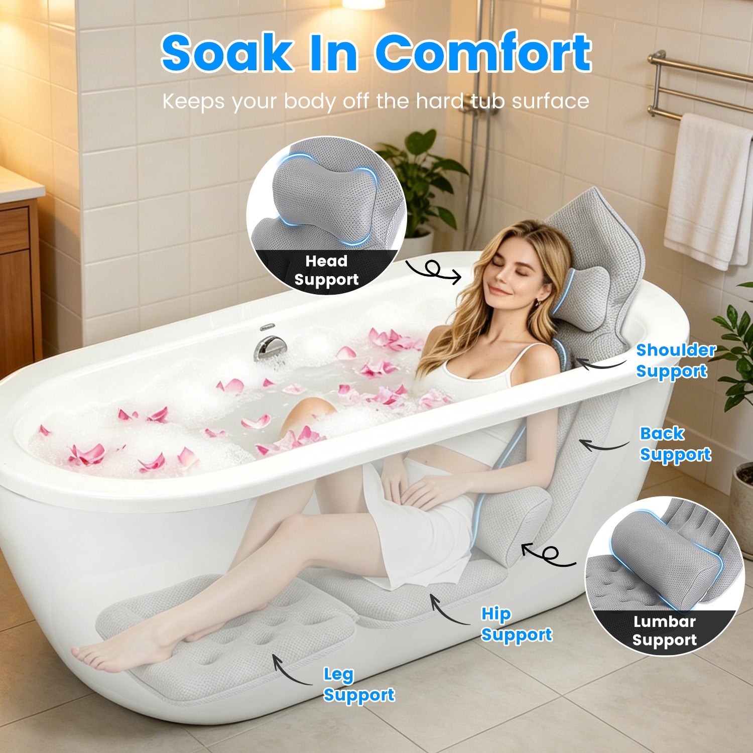 Full Body Bath Pillow with Headrest & Lumbar Support - 4D Honeycomb Mesh Cushion — view 3