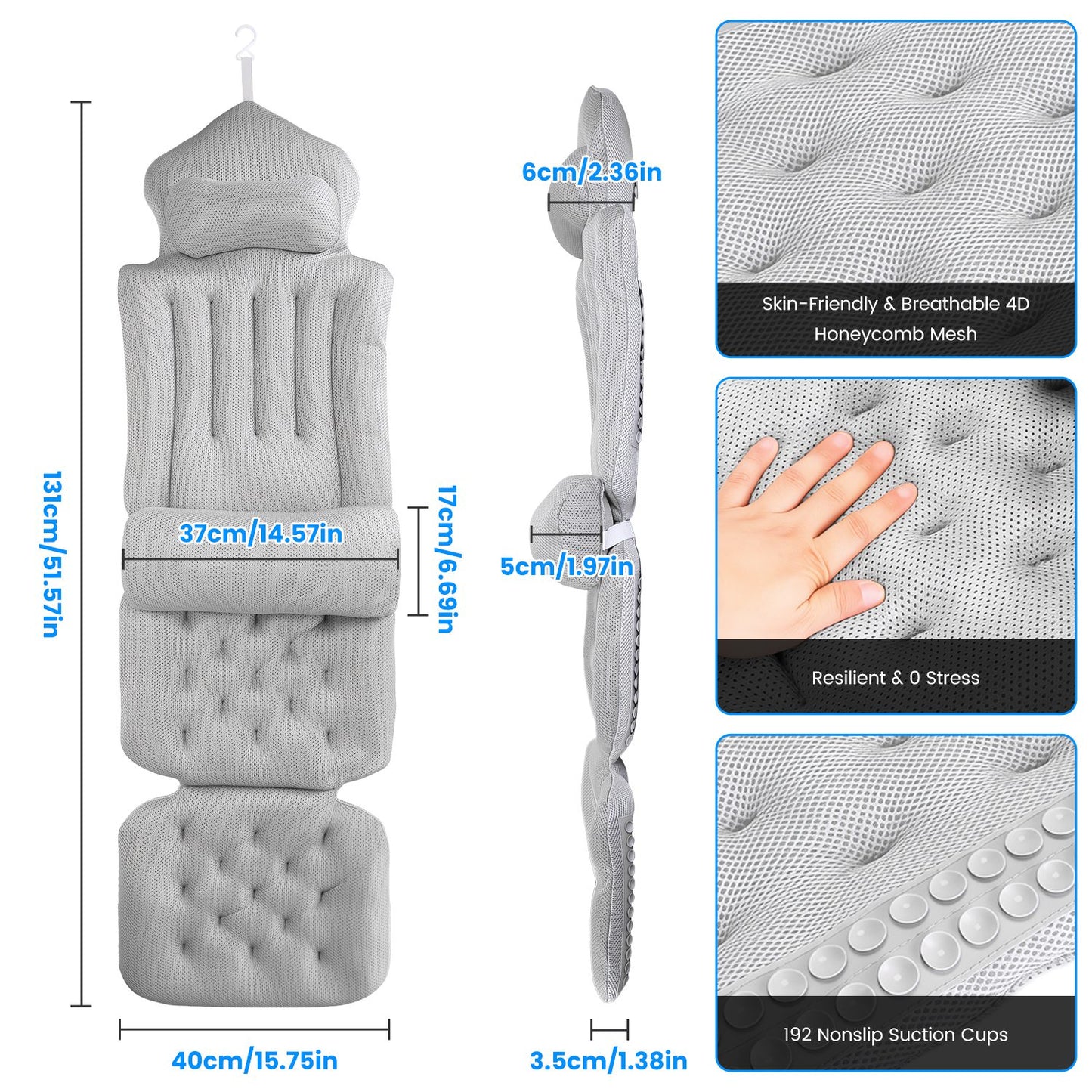 Full Body Bath Pillow with Headrest & Lumbar Support - 4D Honeycomb Mesh Cushion — view 7