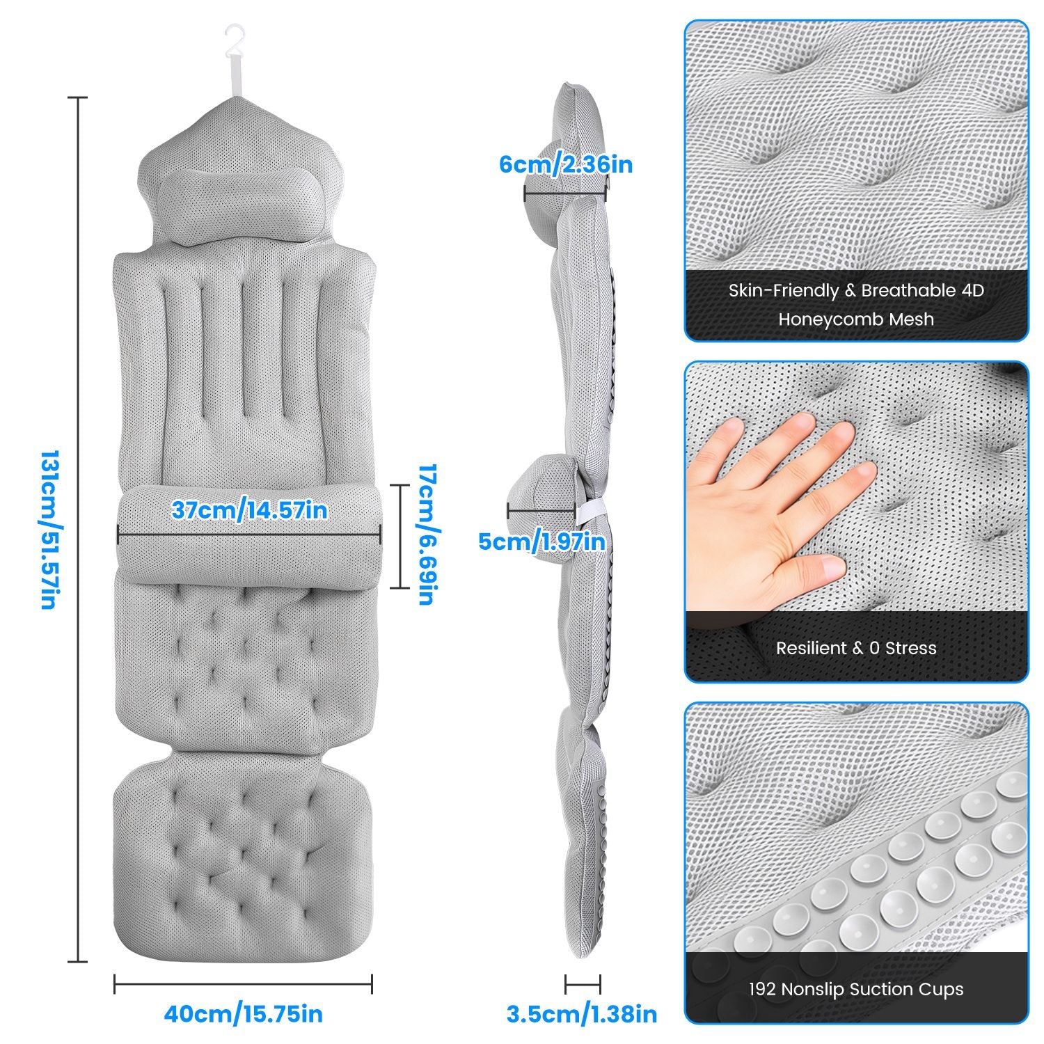 Full Body Bath Pillow with Headrest & Lumbar Support - 4D Honeycomb Mesh Cushion — view 7