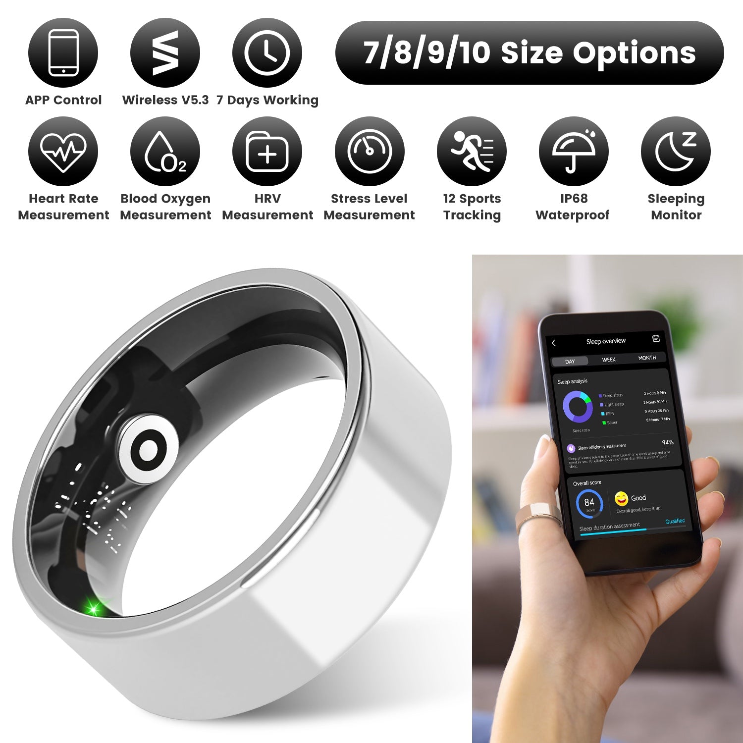 Titanium Smart Ring Health Tracker - Sleep, Fitness, HRV & Stress Monitoring